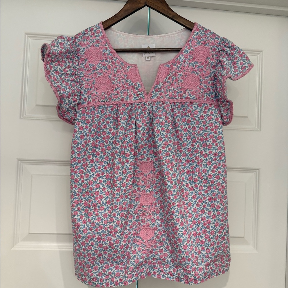 Pink and Blue Floral Top with Lace Accents
